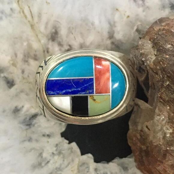 Carolyn Pollack Vintage Sterling Oval Multi-gemstone Inlay Shield Ring For Women - Picture 4 of 10